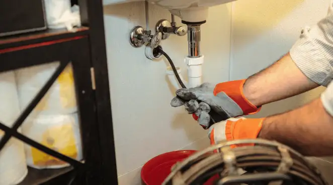 Drain cleaning technician using a motorized plumbing snake to clear a clogged sink pipe in Jersey City, NJ