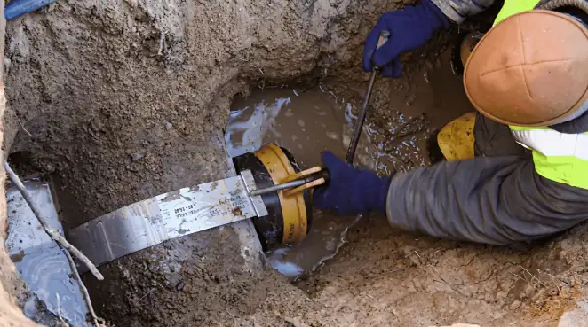 Technician performing underground drainage repair for foundation protection and gutter systems in Jersey City, NJ